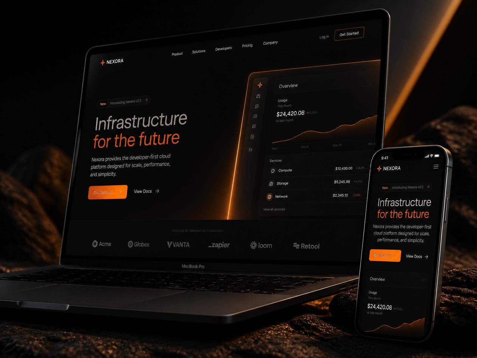 A personalised SiteSmithHQ website preview shown on a floating MacBook and iPhone with premium dark UI and warm amber accents.