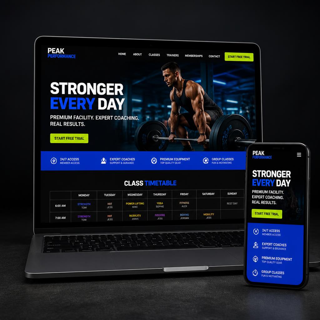 Website preview built for a UK Gym & fitness, shown on laptop and mobile.